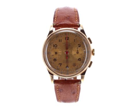 Telda Chronographe 18k gentleman's wristwatch, circa 1940s, circular champagne dial with Arabic numerals, five minute divisio