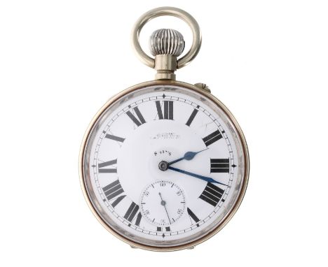 Goliath nickel cased 8 days lever pocket watch, three-quarter plate frosted movement with compensated balance and regulator, 