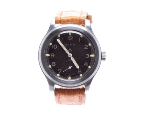 Cyma WWII British Military issue stainless steel gentleman's wristwatch, circular black dial with Military arrow, Arabic nume