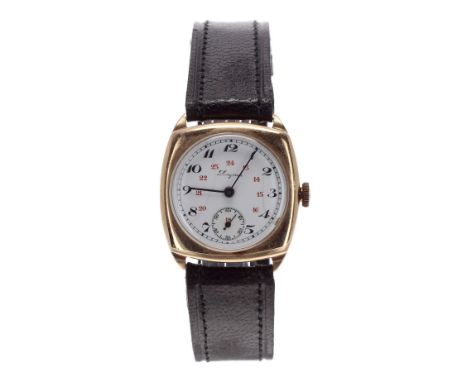 Longines 9ct cushion cased gentleman's wristwatch, Birmingham 1917, circular enamel dial with Arabic numerals, red twenty-fou