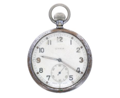 Cyma British Military army issue nickel cased pocket watch, signed 15 jewel Patented movement with compensated balance and re