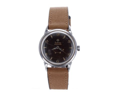 Zodiac Autographic stainless steel gentleman's wristwatch, ref. 685, circa 1950s, black dial with Arabic numerals, baton mark