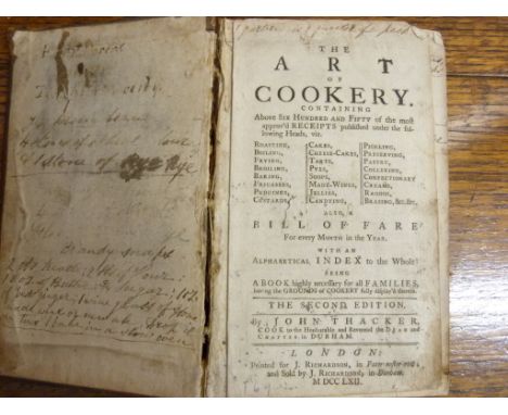 THACKER JOHN.  The Art of Cookery. text illus. Old calf, well worn cond. with annotations. 1762 ("The only book of its kind t