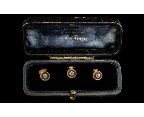 Boxed Set of Vintage 9ct Gold Diamond Set Studs, three in total, in original leather box from Kingston of Herts.