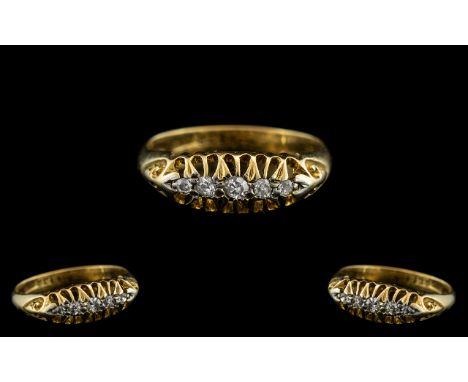 Antique Period 18ct Yellow Gold - 7 Stone Diamond Set Ring - Gallery Setting. Marked 18ct. Old Cut Diamonds of Good Sparkle. 