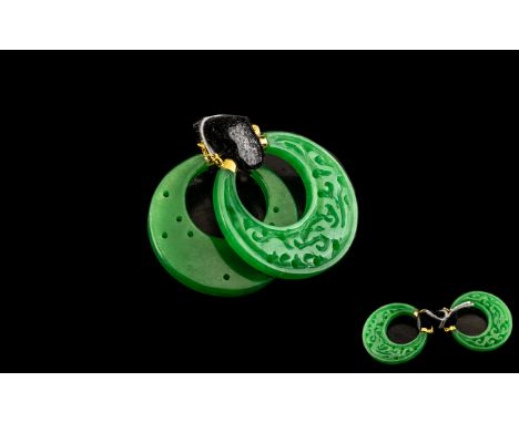 Carved Green Jade Hoop Earrings, large, near circular, hoops, carved to one side, smooth to the other, giving two different l