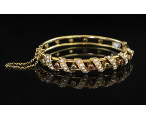 Antique Period - Superb Hand Crafted 18ct Gold Stone Set Hinged Bangle with Safety Chain, Set with Seed Pearls, Sapphires, Em