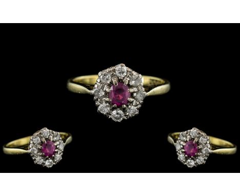 18ct Gold - Attractive Ruby and Diamond Set Cluster Ring. Marked 18ct to Interior of Shank. Ring Size N. All Aspects of Condi