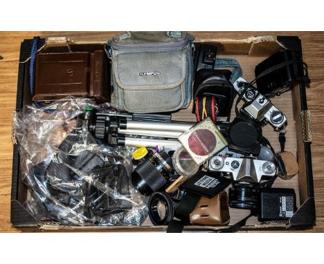 Large Collection of Cameras and Equipment, including Yashica E camera with flash; Olympus NZ300 Superzoom; Zenit B Superzoom;