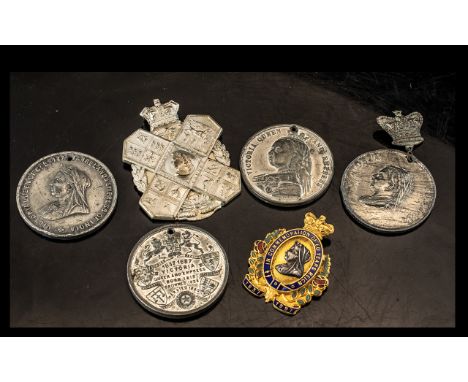 2 Victorian Pressed Silvered Metal Badges, Enameled Gilt Victorian Medallion 1897, Pewter Victorian Jubilee Medal 1887, Pewte