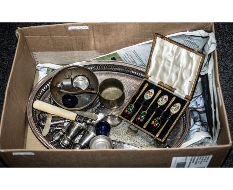 A Collection of Silver Plated Ware to include cased butter knives, enamelled coffee spoons, dessert forks, tray, flatware etc