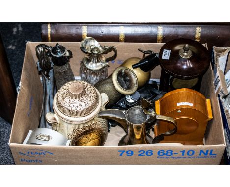 A Box of Miscellaneous to include three mantle clocks, assorted figures, modern claret jugs, soda stream, cine camera, brass 