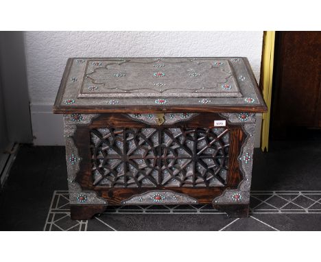 20th Century Saudi Arabian Blanket/Dowry Chest, overlaid throughout in silvered metal, fine chased, decorated with coral and 