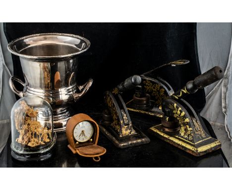 Mixed Lot of Collectibles, including three decorative iron presses in black with gold decoration; a chrome ice bucket, a trav