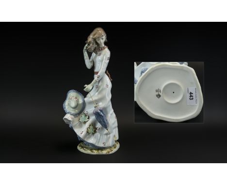 Nao by Lladro Large and Impressive Hand Painted Porcelain Figure ' Young Lady ' Windswept, Loosing Hat / Long Dress with Para