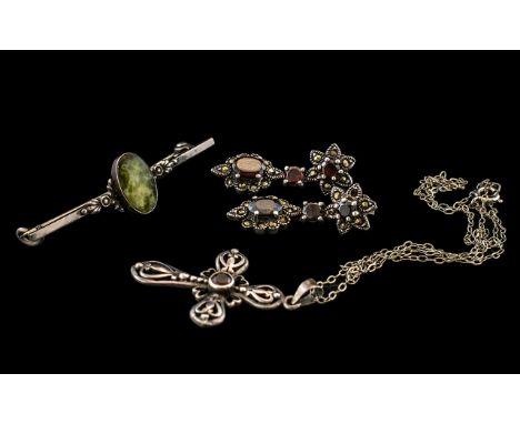 Collection of Vintage Silver Jewellery comprising lovely garnet set drop earrings, garnet set cross suspended on chain, and a