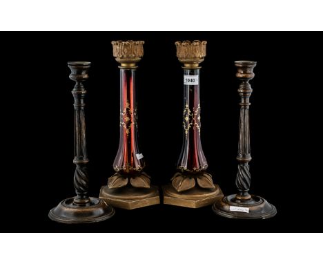 A Pair of Ruby Glass Candle Holders, gilt painted ruby glass supports, with metal mounts.  Height 14".  Together with a pair 