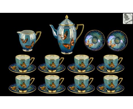 Carlton Ware Lustre Decorated Coffee Set, Decorated with the Butterfly and Cobweb Spider Pattern. RD No 721741-0/458. Consist