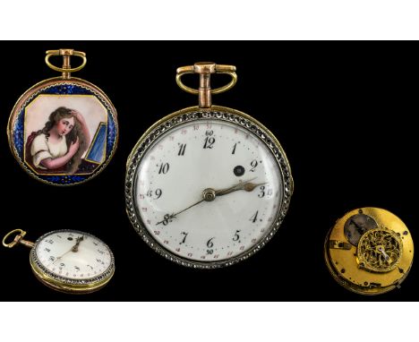 J F Valeri Leton, French 18th Century Gilt Metal &amp; Painted Enamel Pair Cased Verge Pocket Watch, circa 1750.  All origina