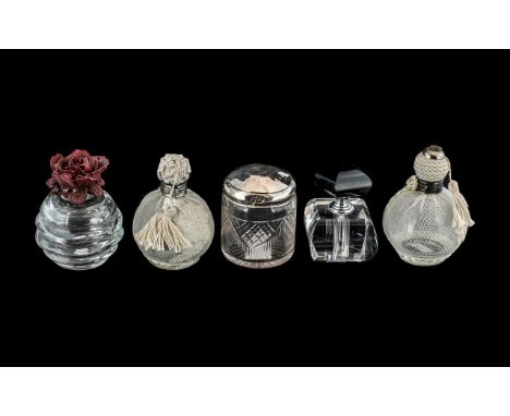 Collection of Five Vintage Perfume Bottles, comprising glass perfume bottle with silver lid, perfume bottle with ceramic rose