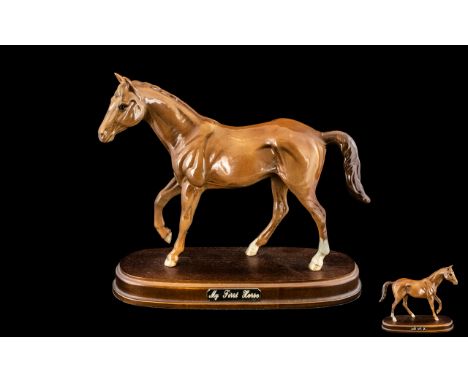 Royal Doulton Hand Painted Horse Figure Raised on a Wooden Plinth - Titled ' My First Horse ' Chestnut colour way. Model No D