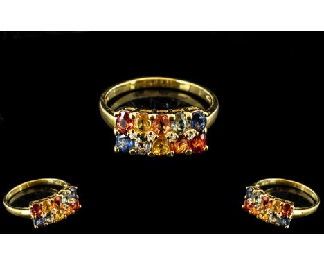 Multi Colours of Sapphire Double Row Band Ring, each row comprising a sunset (red/orange), orange, yellow, green and blue ova