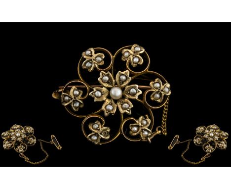 Victorian Period Attractive 9ct Gold Open worked Seed Pearl Set Brooch with Safety Chain. Marked 9ct. Size 1.25 x 1.25 Inches