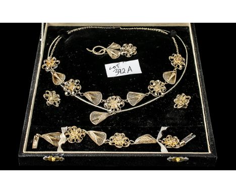 Italian Vintage Silvered Metal Suite of Lace Design Jewellery, Finely Detailed Workmanship, Consisting of a Flower Brooch, Ne