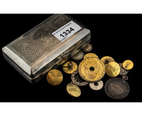 Chrome Tin Containing Set of Six Engraved Military Buttons, Sunday School Long Service Medal, and 1822 Silver Crown Converted