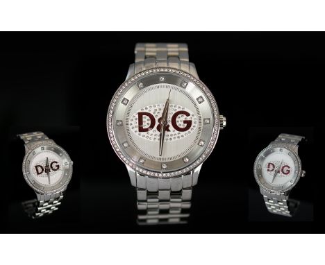Dolce &amp; Gabbana Unisex Prime Time Crystal Set Stainless Steel Wrist Watch, Reg. no. DW0145, featuring Japanese quartz mov