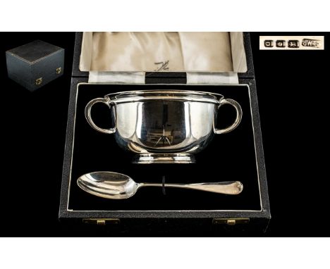 Art Deco Period - Sterling Silver Twin Handle Loving Cup and Spoon of Solid Construction. Hallmark London 1939, Maker J.W. Co