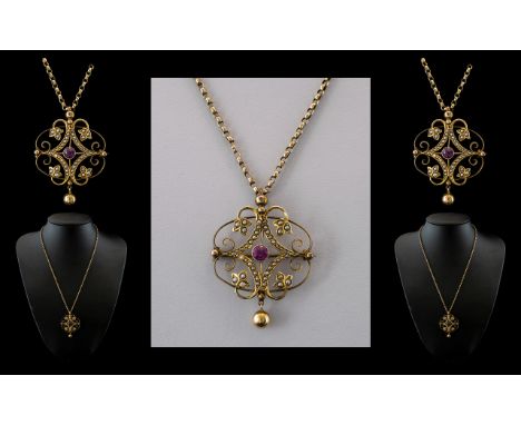 Victorian Period - Attractive 9ct Gold Ornate Fancy Open Worked Seed Pearl and Amethyst Set Pendant / Brooch. With Attached 9