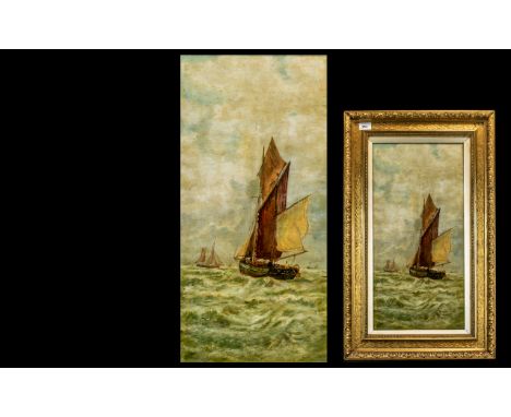 19th Century Oil on Canvas Yarmouth Seascape, fisher boat in high seas, unsigned.  Measures 23.5" x 11.5", gilt swept frame, 
