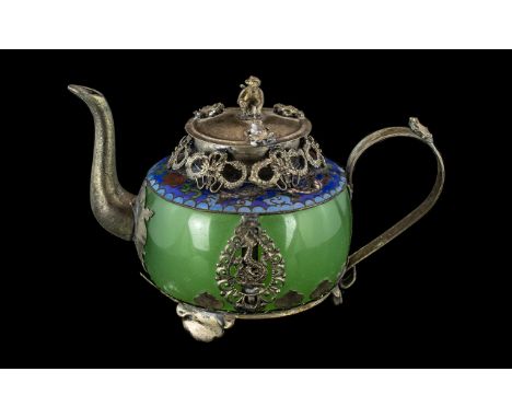 Chinese Silvered Metal Embellished Tea-pot with a jade-stone green body of typical form,with a cloisonne collar with applied 