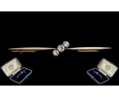 Edwardian Period 18ct Gold &amp; Platinum 3 Stone Diamond Set Stick Brooch.  The three pave set diamonds of good colour/clari