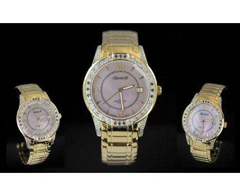 Ingersoll - Gems Gents Gold on Steel Quartz Wrist Watch, With Diamond Set Bezel Set with 24 Diamonds and 12 Topaz's. Mother o