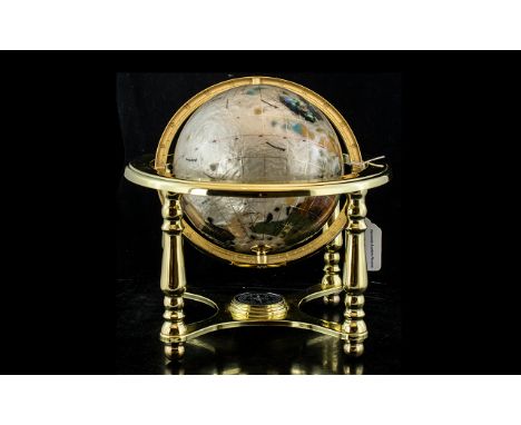 Gem Globe - Mother of Pearl &amp; Gemstone cream and gold gemstone globe on brass stand.  Measures approx 9" tall x 10" wide.