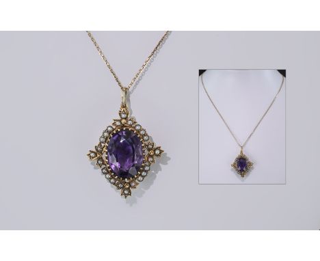 Mid - Victorian Superb 15ct Gold Amethyst and Black Seed Pearl Set Pendant Drop of Exquisite Form / Design. Marked 15ct. c.18