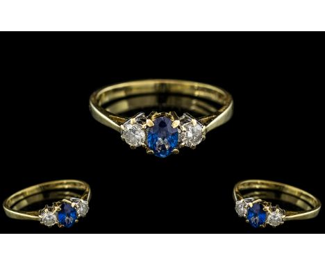 18ct Gold - Attractive 3 Stone Sapphire and Diamond Set Dress Ring. Full Hallmark for 750 to Interior of Shank. The Cornflowe