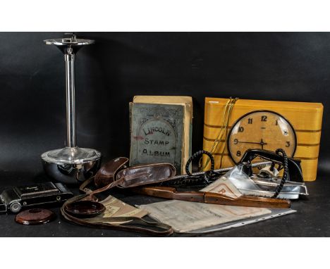 Box of Collectible Vintage Items comprising a wooden electric wall clock by Metamec, Premier electric iron with instructions,