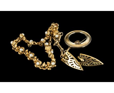 Corocraft Pearl and Brushed Gilt Necklace, adjustable length, together with Trifari vintage Art Deco brooch early 1940s, and 