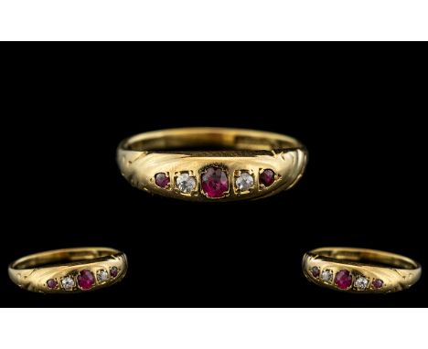 Antique Period - Attractive 18ct Gold 5 Stone Diamond and Ruby Set Ring. The Central Ruby of Wonderful Natural Colour. Marked