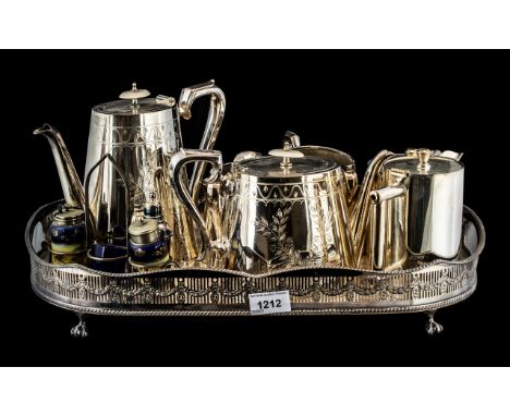 Collection of Silver Plated Items, comprising a large tray raised on claw feet, with a set comprising teapot, hot water pot, 