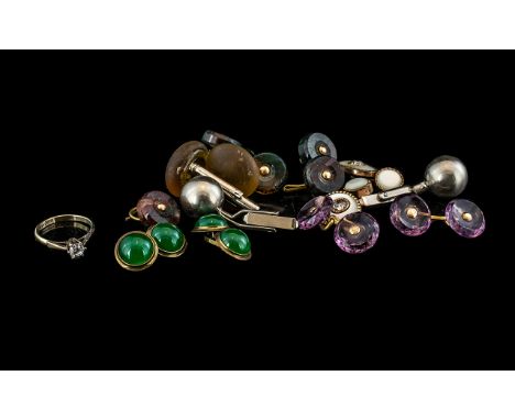 Seven Pairs of Vintage Gents Cuff Links, Scottish Agate, Mother-of-Pearl and Jade stones, together with a silver and 9ct gold