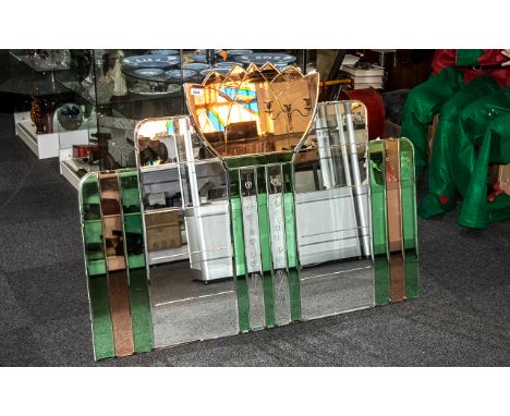 A 1950s Art Deco Style Sectional Wall Mirror in clear, peach and green segments.  Measures 36" x 48".