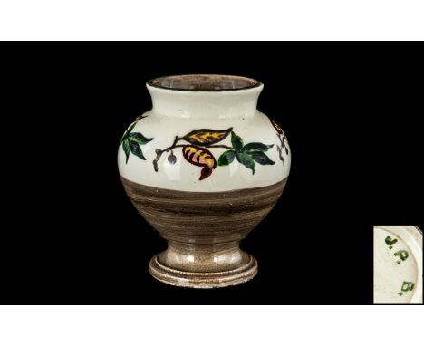 Moorcroft Vase, rare item, Art Nouveau period 1900-1919, brown base with cream and leaf pattern, green glaze to rim.  Blind s