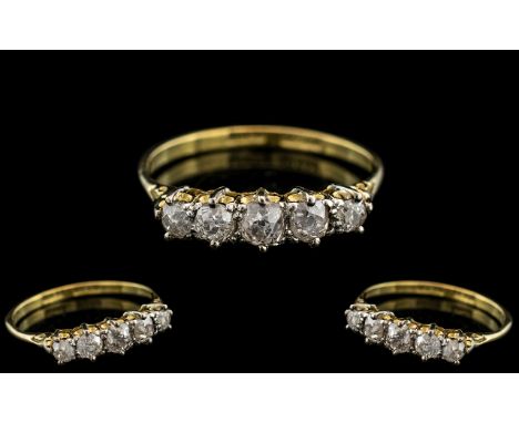 18ct Gold and Platinum 5 Stone Diamond Set Ring. Marked 18ct and Platinum to Interior of Shank. The Five Old Cushion Cut Diam