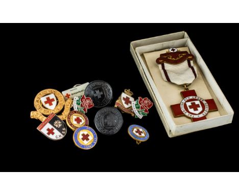 British Red Cross Badges &amp; Buttons, including first aid aware medal with ribbon, boxed, with name and number 021079, toge