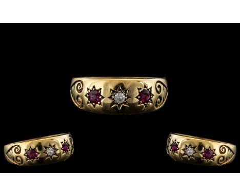 Antique Period - Attractive 18ct Gold 3 Stone Diamond and Ruby Set Ring - Star Setting. Hallmark Chester 1906, Ring Size O - 