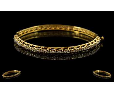 9ct Gold Diamond Set Hinged Bangle The Whole Bangle Set With A Continuous Row Of 106 Round Brilliant Cut Diamonds, Estimated 